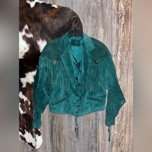 Hunt Club Teal Green Suede Fringe Leather Jacket
